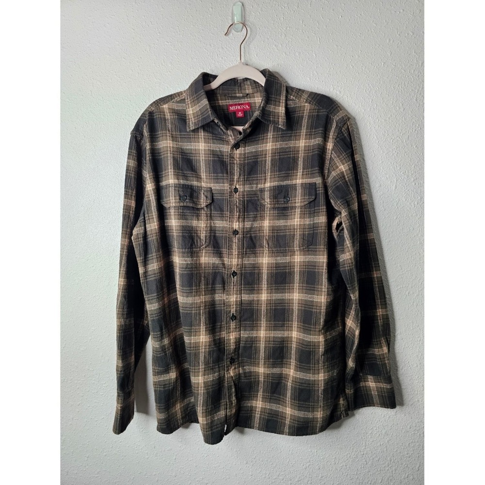 Merona Mens Brown Black Plaid Flannel Button Down Shirt Size Medium Long Sleeve